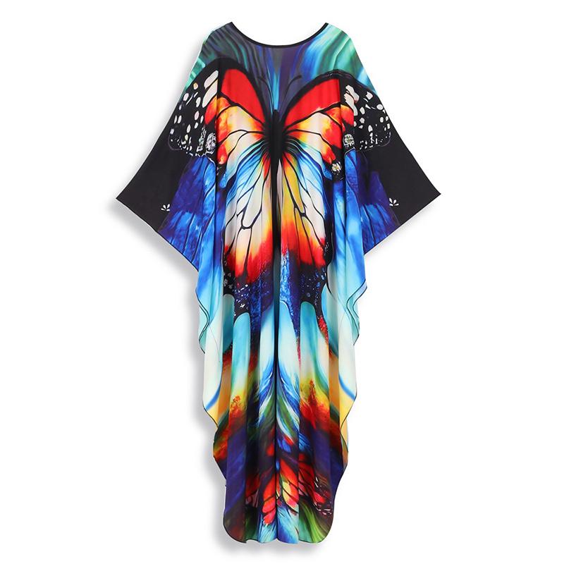 EDOLYNSA 2024 Plus Size Bunter Schmetterlingsdruck Handgestrickt V-Ausschnitt Lässiger Kaftan Damen Hauskleid Sommer Beachwear Badeanzug Cover Up Q1634