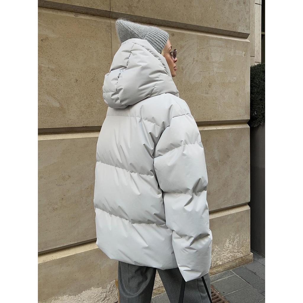 2025 Winter Women's Cotton Coat European American New Style Loose Puffer Jacket Solid Color Hooded Outerwear