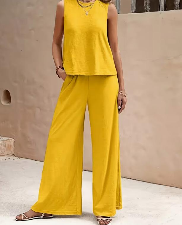 European & American Women's Fashion Set: Sleeveless Solid Top & Wide-Leg Pants 2026