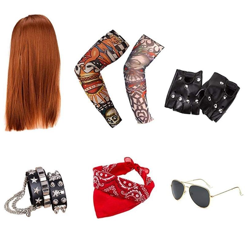 Sada kostýmů Rockera z 80. let, Kostýmy Heavy Metal Rock, Doplňky ke kostýmům na Halloween, Nafukovací kytara, Náramky, Prsteny