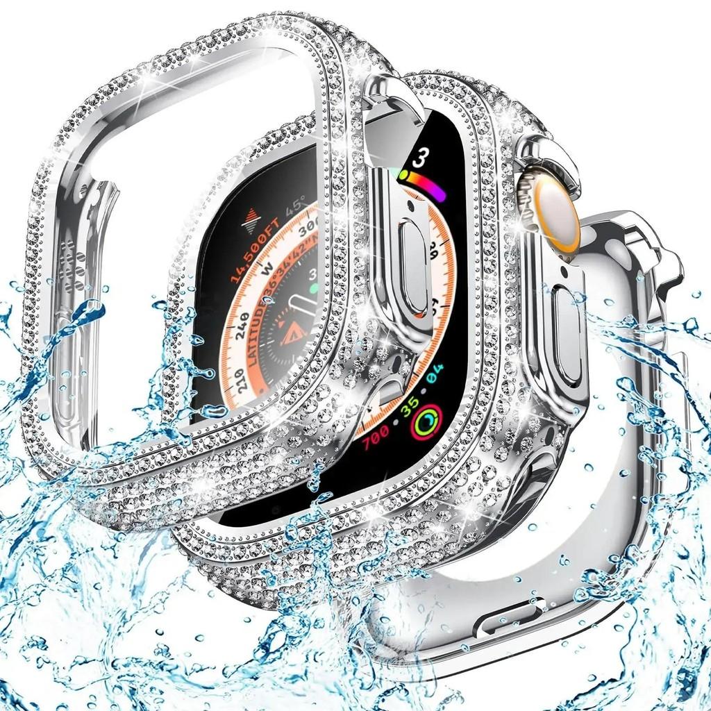 Bling Glass+Cover Case Diamond PC Bumper+Screen Protector For Apple Watch 45mm 44mm 40 41mm Iwatch Series 10 46mm 42mm 9 8 7 5 6