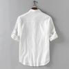 Men's Loose Solid Cotton Linen Shirt Summer Stand Collar Five Points Medium Sleeve Shirt