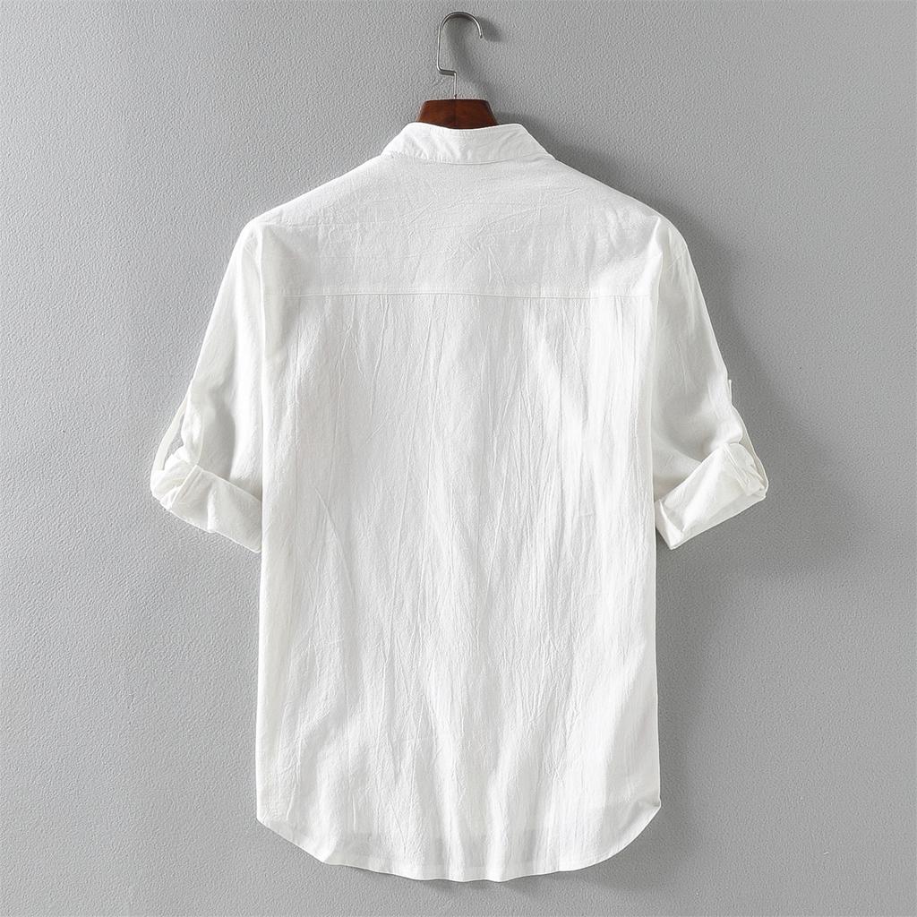 Men's Loose Solid Cotton Linen Shirt Summer Stand Collar Five Points Medium Sleeve Shirt