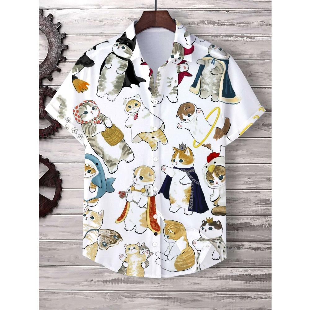

Рубашка Hawaii с милым мультяшным котом, топы с 3D-принтом, повседневные женские рубашки с короткими рукавами, с пуговицами, отворотами, свободные, унисекс, одежда 2XL