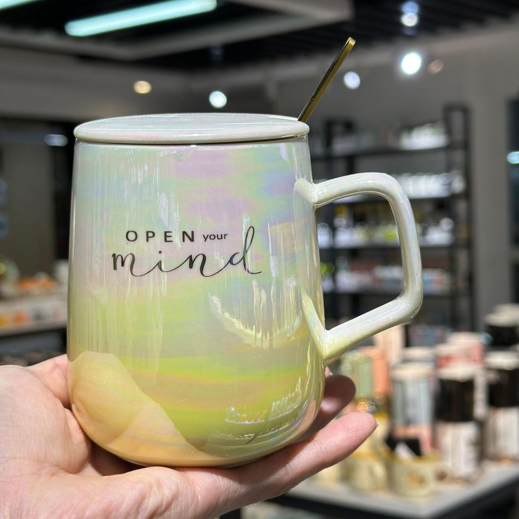 Pearl Glaze Ceramic Cup with Lid Spoon Couple Mug Pearl Fantasy Color Cup High Value High-quality Water Cup for Household Use