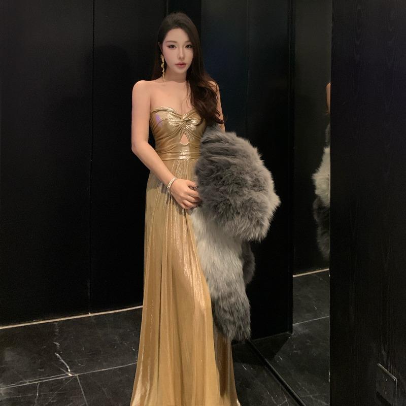 Gold Tube Top Pleated Hollow Dress Female French Socialite Banquet Evening Dress Sexy Long Dress Birthday Dress S