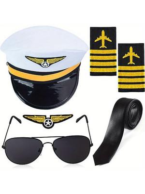 PESENAR Pilot Clothing Set, Aviation Pilot Captain, Pilot Hat, Shoulder Badge, Sunglasses Badge, Tie Accessory