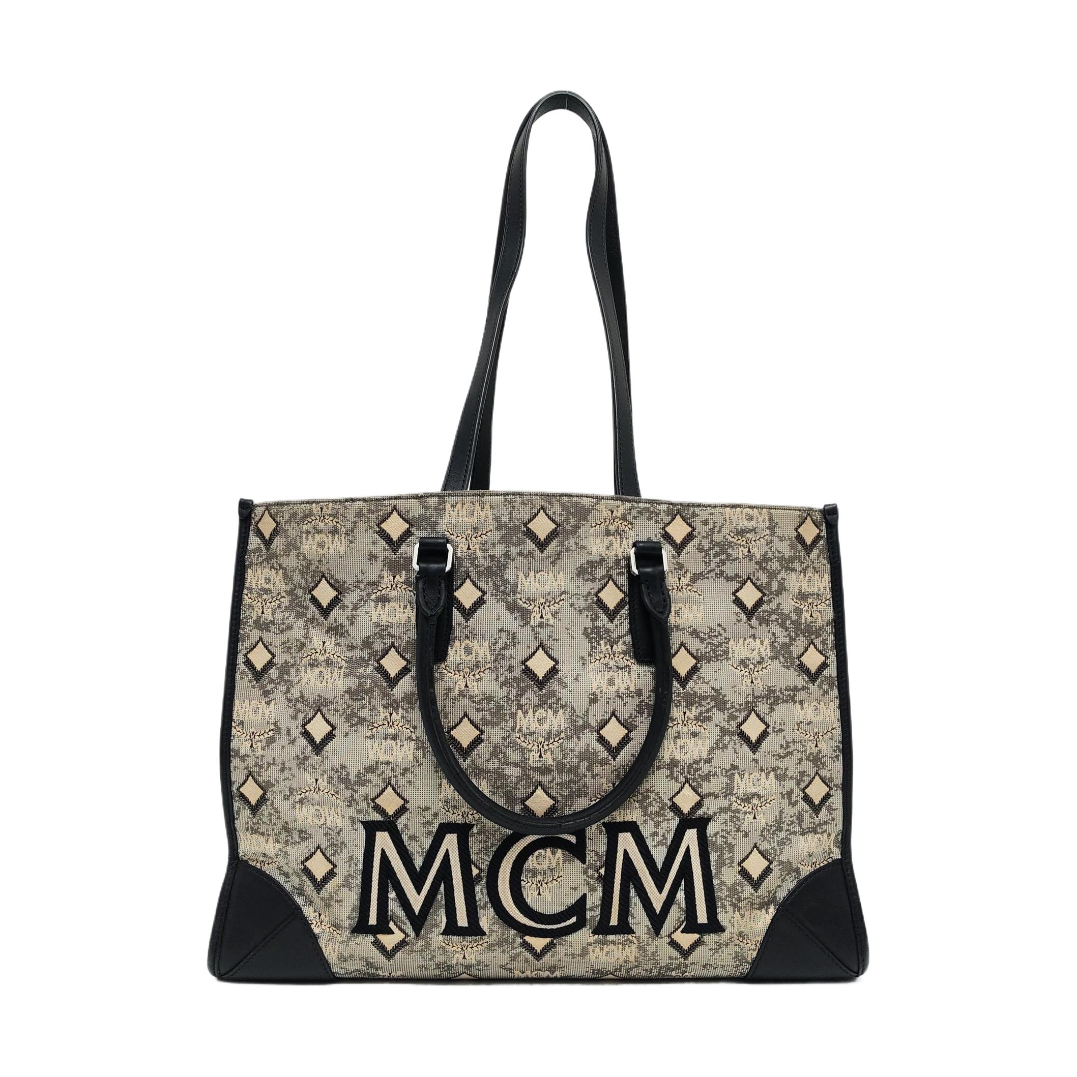 [Pre-Owned] Logo Print Jacquard Fabric Nappa Leather Shoulder Tote Bag Large - Fair #EK8OLX ONE SIZE
