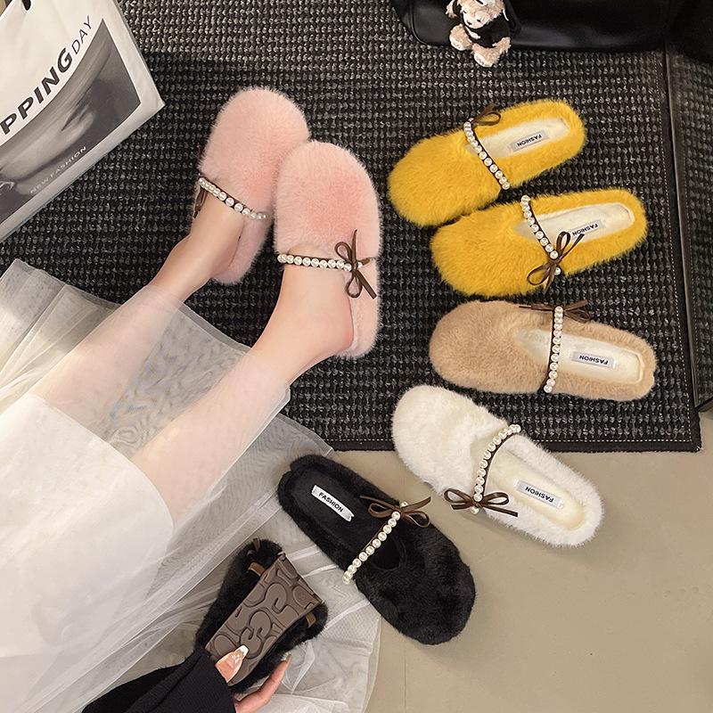 2025 French Large Size Flat Bottom Versatile Bag Head Half Slippers Femininity Slippers Fashion with Skirt Gentle Fluffy Shoes