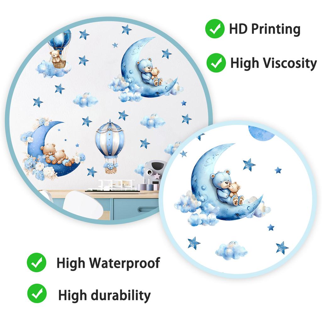 Cartoon Bear Moon Hot Air Balloon Wall Sticker Self Adhesive Decal for Kids Room Living Room Bedroom Home Decoration