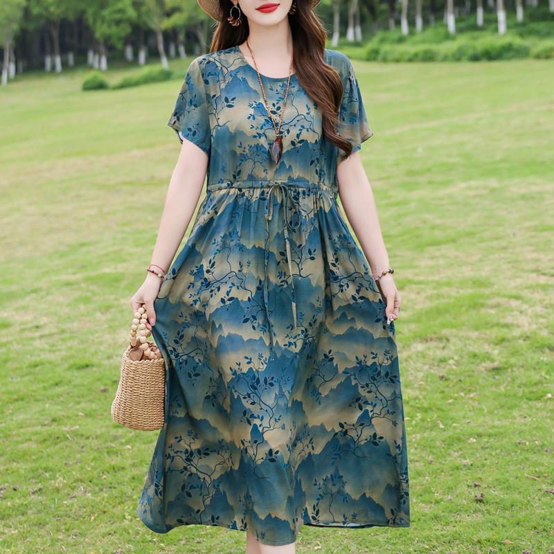 Plus Size Women's Long Dress Summer  Short Sleeve Vintage Print Dress for Women