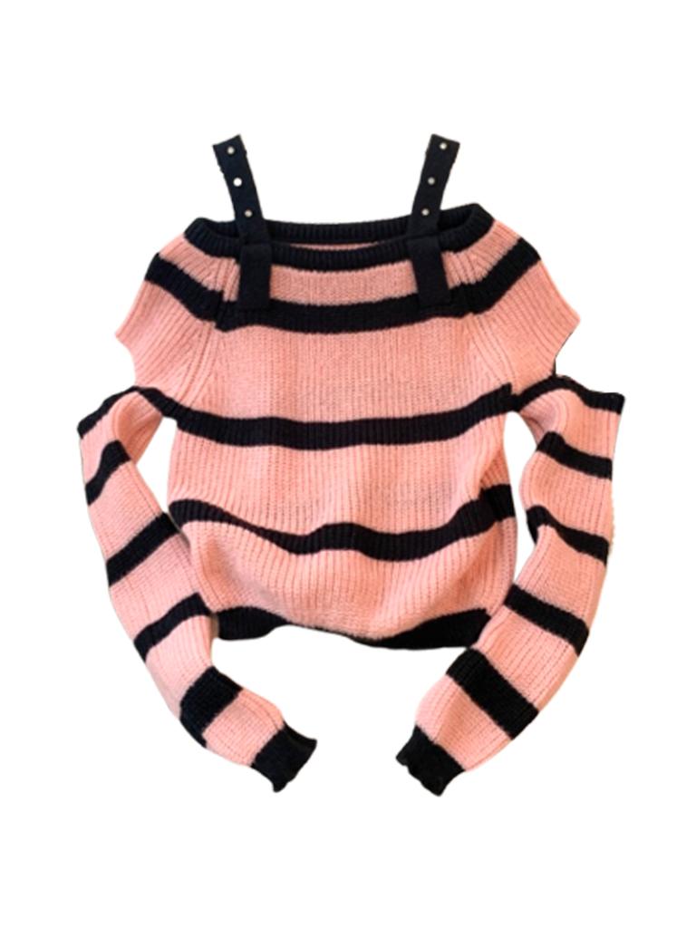 Baggy Pullover Sweater for Women Hollow Out Stripe Short Knitted Top Fashion Casual Y2K Clothing Autumn Winter