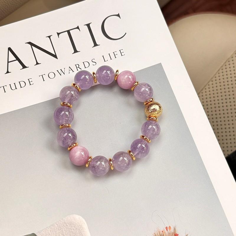 Handmade Natural Lavender Amethyst Kunzite Crystal Bracelet Women Single Strand Round Bead Elegant Versatile