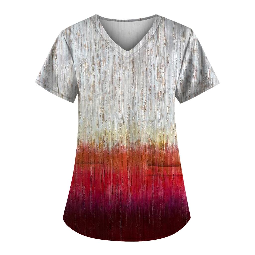 Plus Size niedlich bedruckte Peeling-Arbeitsuniform-Oberteile für Damen, V-Ausschnitt, kurze Ärmel, lustige T-Shirts, Arbeitskleidung, T-Shirt mit Taschen