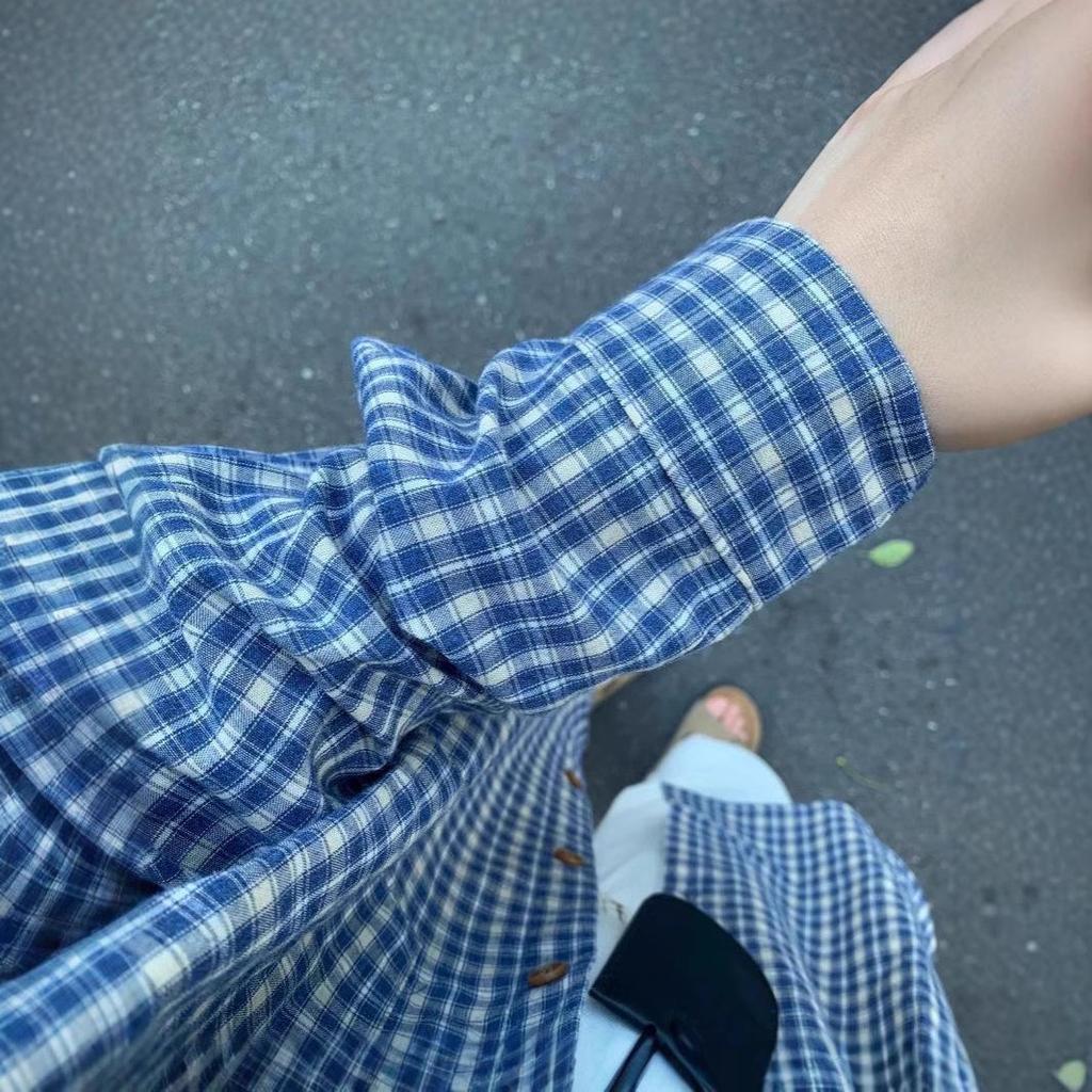 Women's Blue Plaid Long Sleeve Sun Protection Shirt - Lazy Style, Loose Fit, Versatile Thin Jacket for Spring, Summer, Autumn