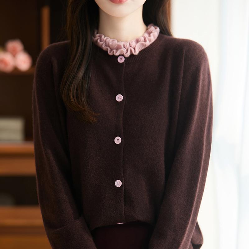 Women's Pure Wool French Color Block Cardigan with Lace Collar - Autumn/Winter Knit Sweater.