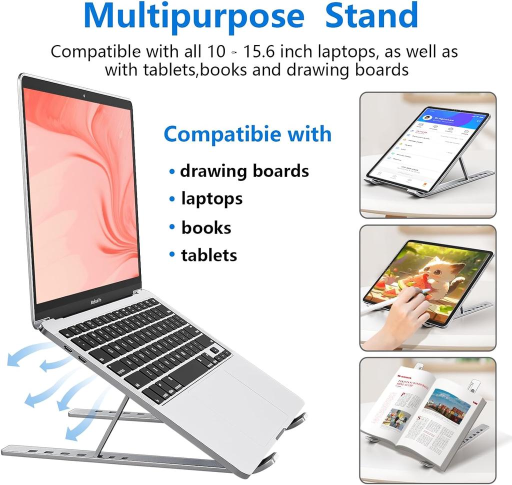 Aluminum Alloy Foldable Laptop Stand, 7 Adjustable Angles, Sand-Blasted Anti-Slip Stable Computer Holder