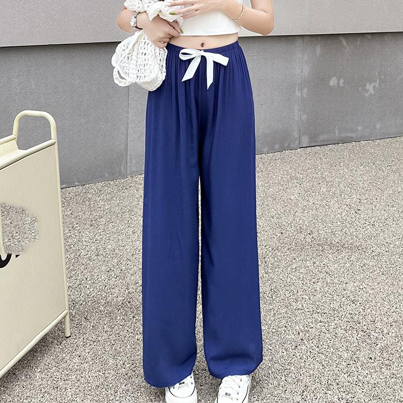 Pantaloni de pijama din bumbac mătase pentru femei, secțiune subțire de vară, anti-țânțari, pantaloni cu picior lat, culoare uni, pentru exterior, casă, petrecere a timpului liber, imprimeu, pantaloni de plajă până la genunchi