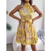 Summer New Style Temperament Lace Up Ruffle Edge Large Hem Floral Dress for Women