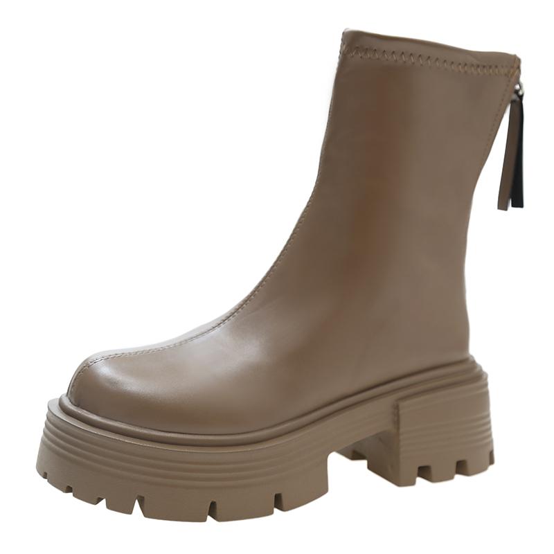 Fashionable Waterproof Thick-soled Round Head Boots Short Tube Boots Zipper Elastic Leather Upper For Autumn/winter