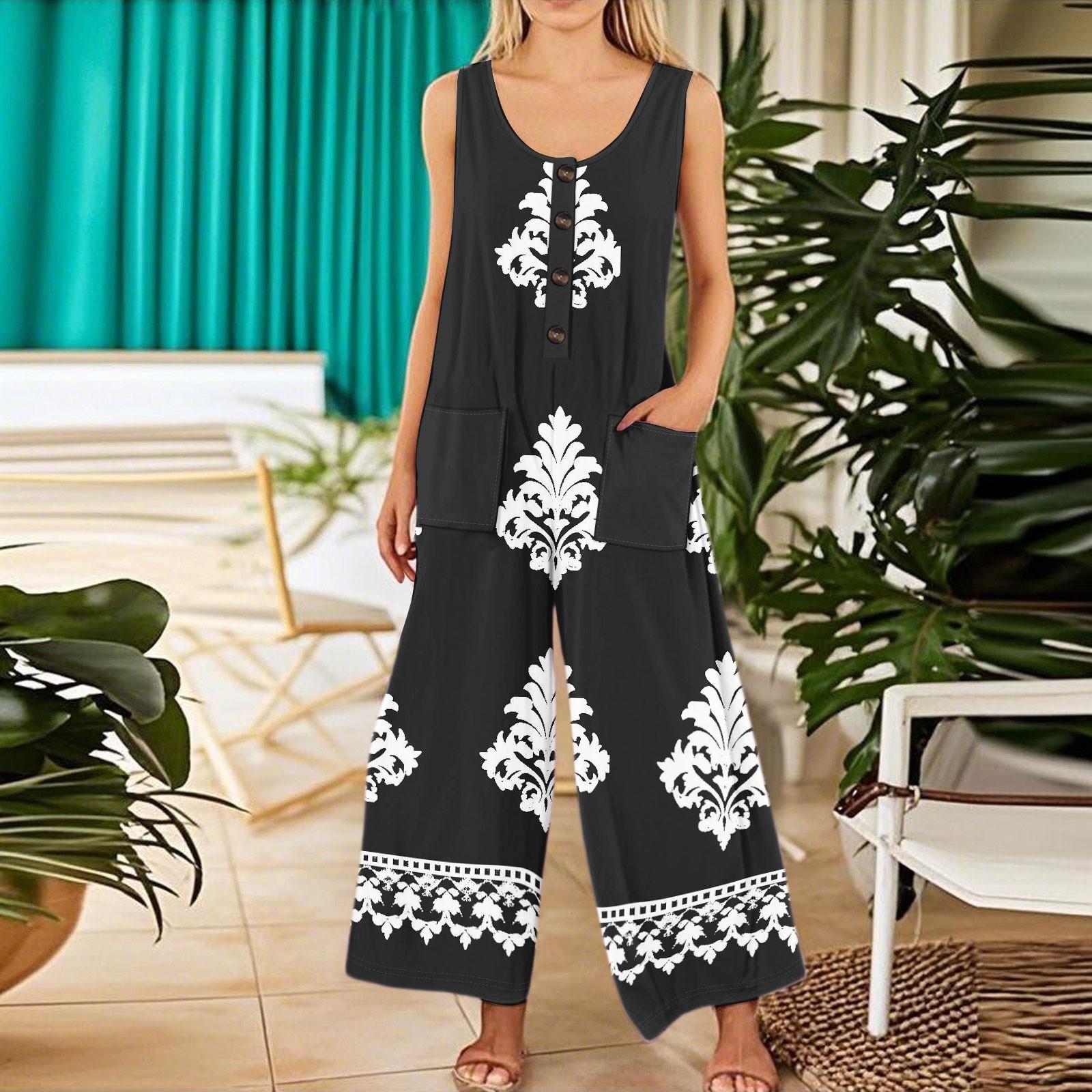 

Women s Fashion Casual Button Sleeveless Jumpsuit Floral Flower Print Cotton Pocket Jumpsuit M Темно-синій