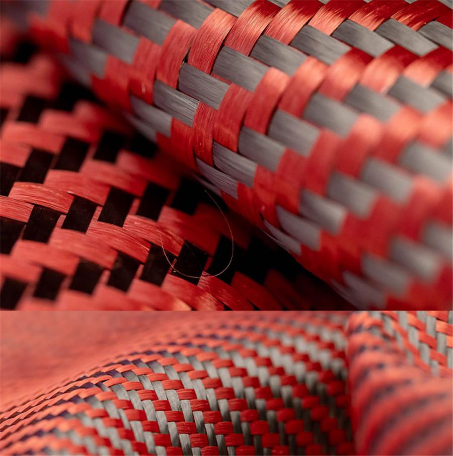 12" X 60" Black & Red 3K Carbon Fiber Fabric 220gsm 2x2 Twill Weave Cloth