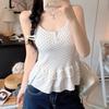 Women's Polka Dot U-Neck Button Strap Tank Top with Subtle Ruffles and Chest Pads - Slim Fit for Spring/Summer