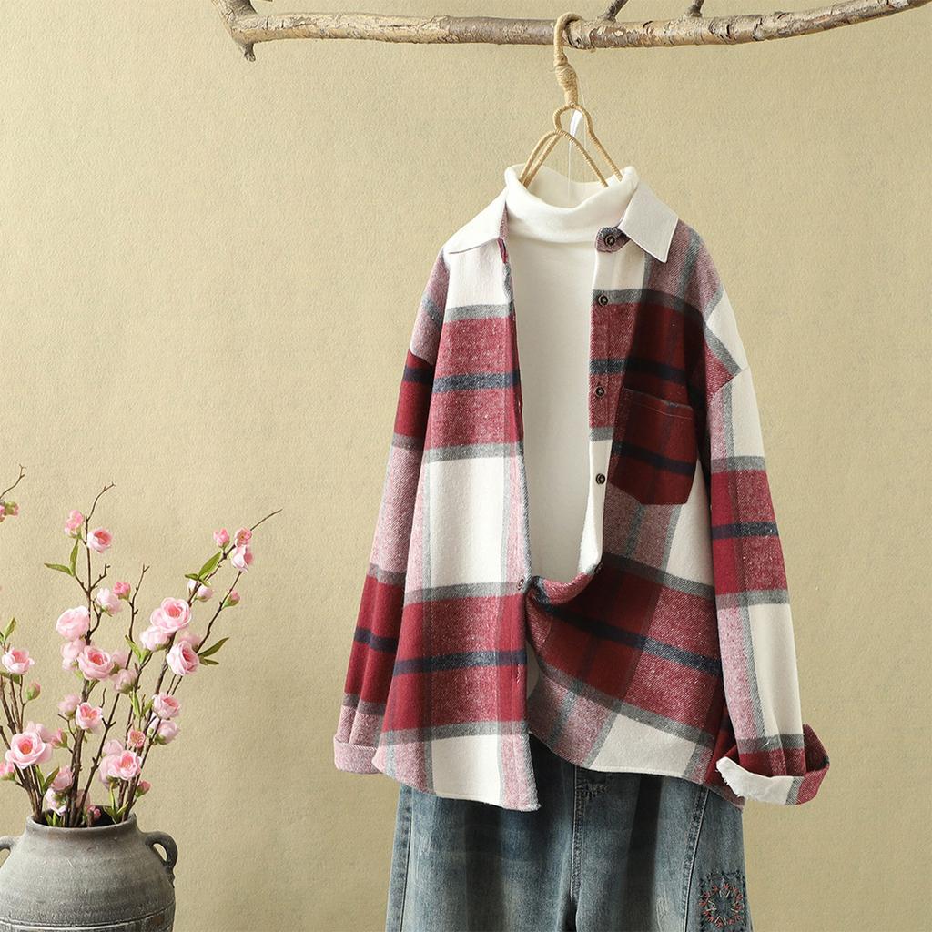 Women's Fashion And Winter Padded And Thickened Tweed Plaid Shirt Warm Casual Shirt Jacket