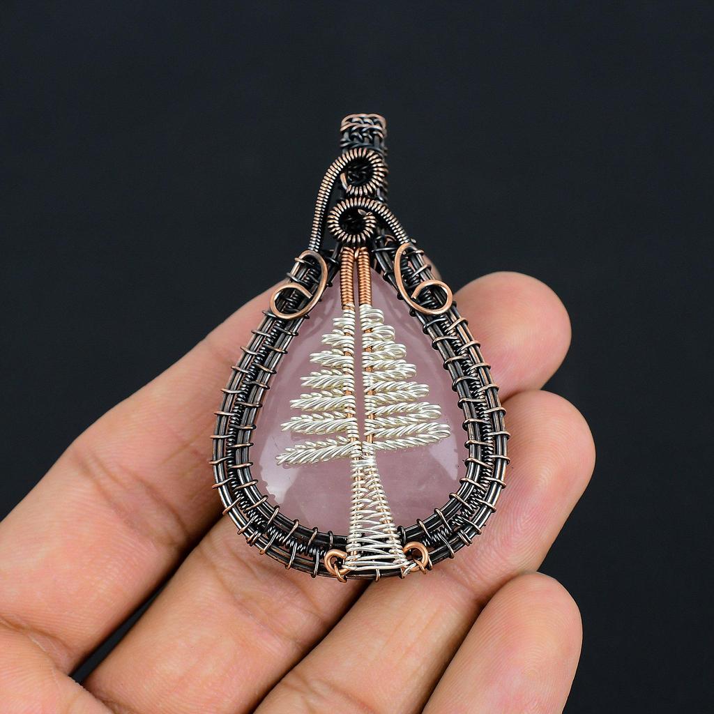 Tree Of Life Rose Quartz Jewelry, 999 Copper Wire Wrapped Pendant Handmade Gemstone Jewelry, Gifts For Wife Brand New Pendant
