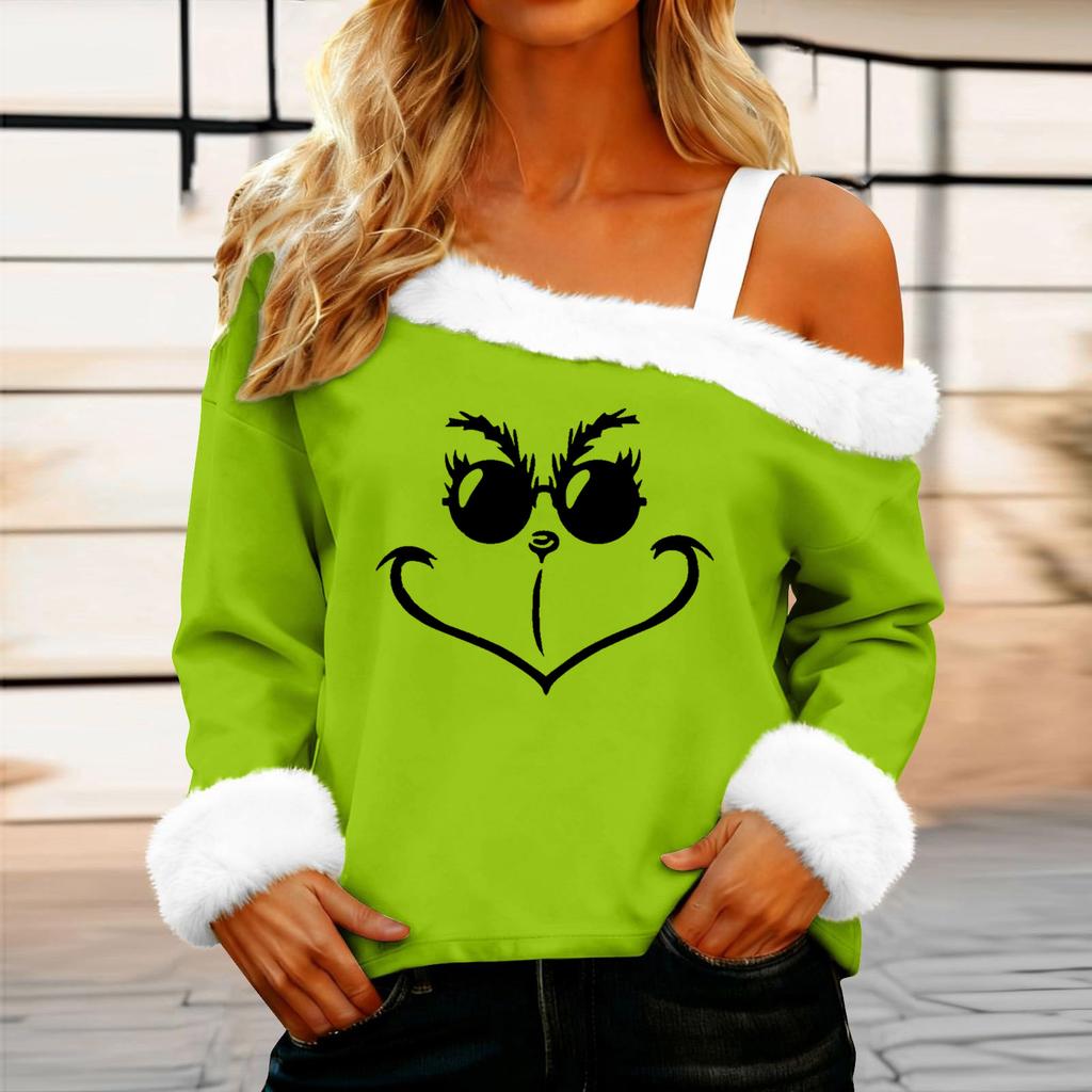 Women's Casual Fashion Sexy Off-Shoulder Collar Christmas Pattern Long Sleeve Crewneck T-Shirt Top