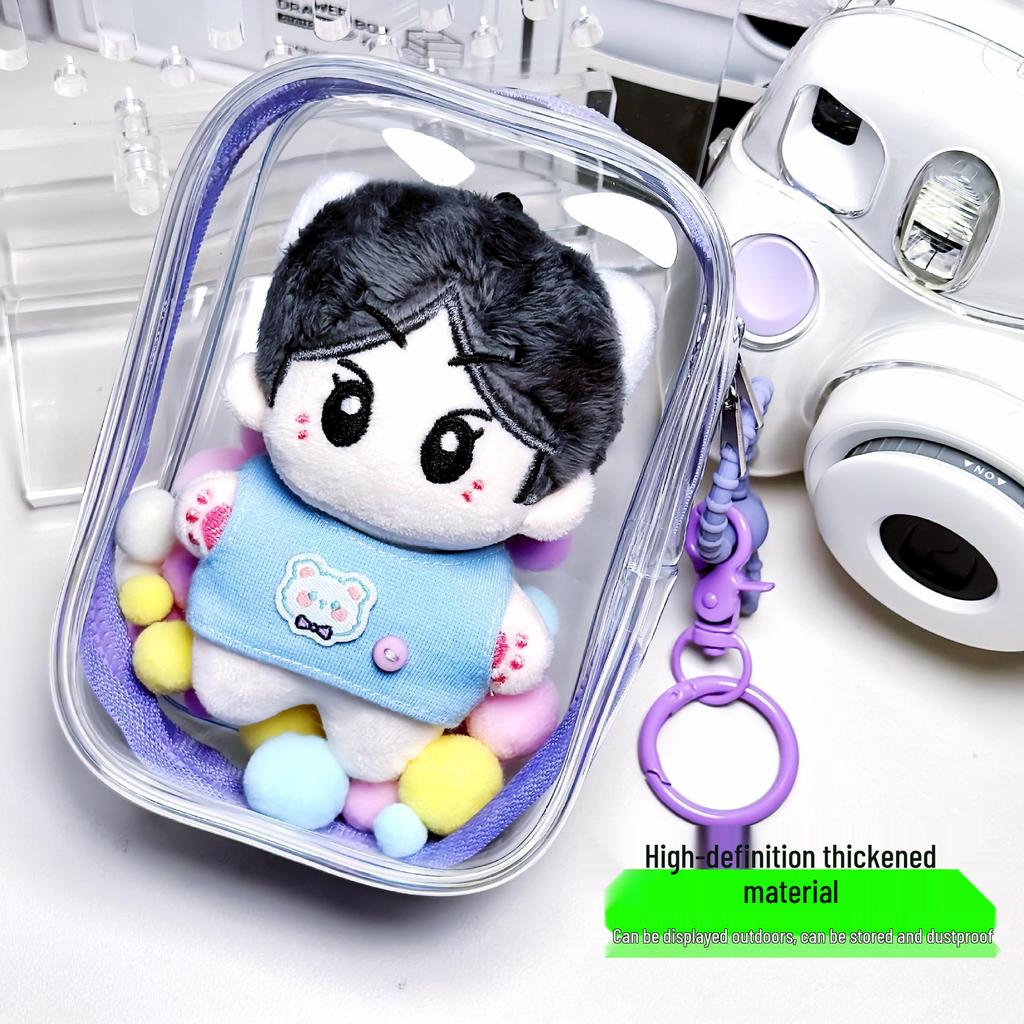 Compact 10cm Cotton Doll Carrier: Double Zipper, High Transparency PVC, Thickened Plush Storage Bag.