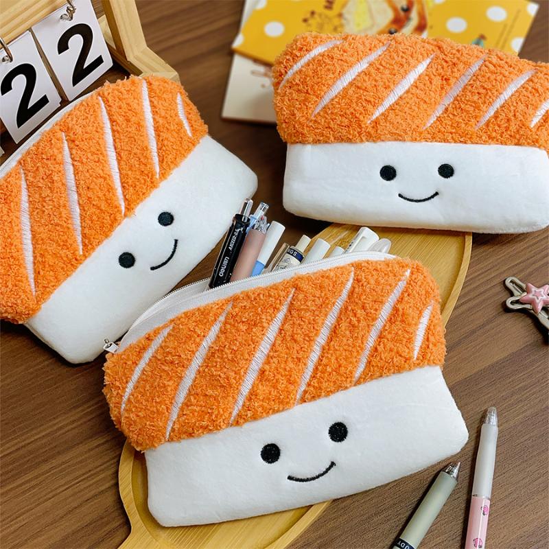 Cute Salmon Sushi Shaped Plush Pencil Case Large Capacity Zipper Pencil Bag Soft Stationery Pouch Creative Travel Makeup Bag