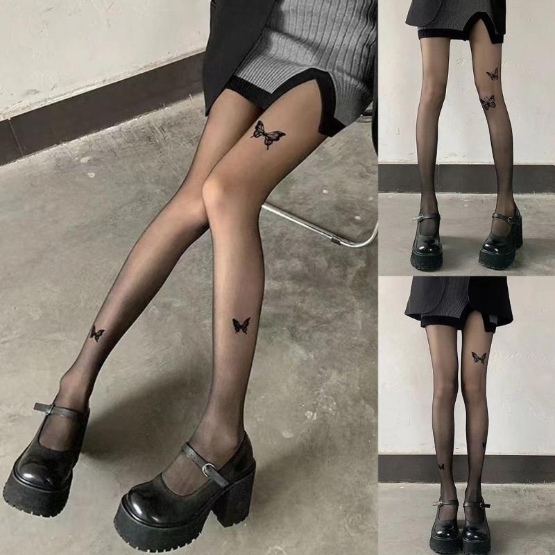 Collant Calze Velate Stampate con Farfalle Vintage Estetiche per Donna Sexy Sottili Trasparenti Collant Leggings in Seta