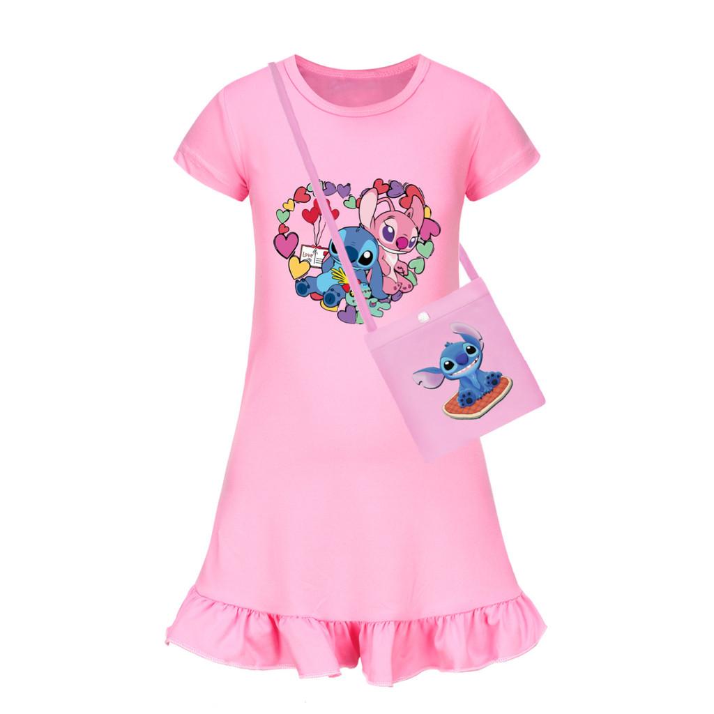 Girl Stitch Pattern Short Sleeve Nightdress With Ruffle Hem For Kids Fashion