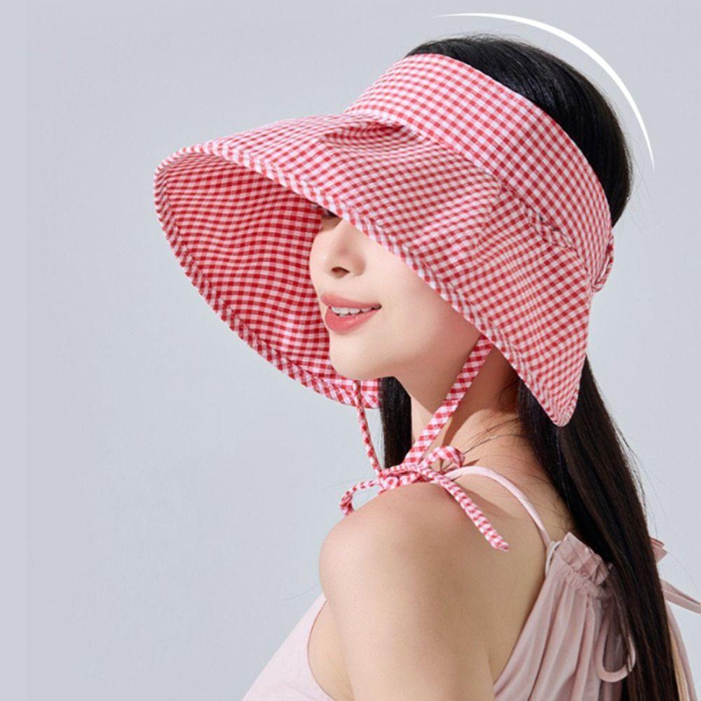 Foldable Sun Protection Hats Plaid Print Wide Brim Sunhat Fashion Summer Fisherman Cap  Fishing