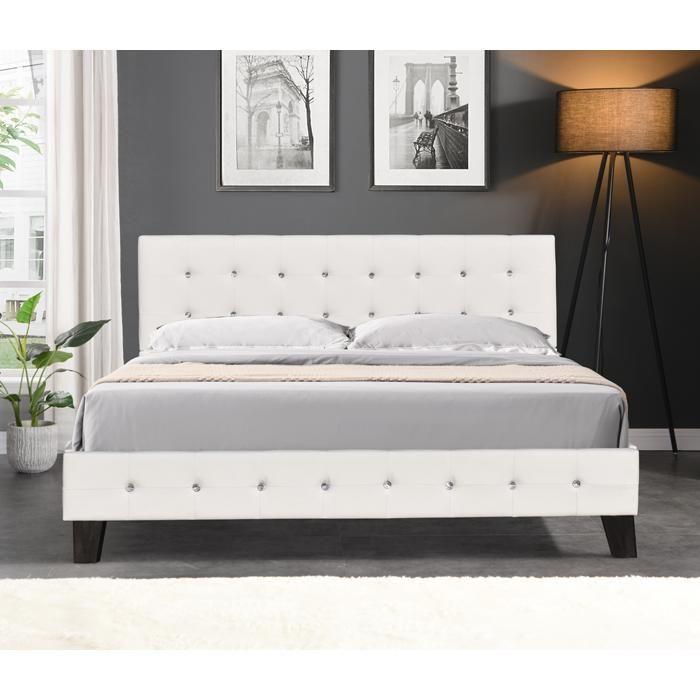 Bed - WHITE - 160x200 Cm - Upholstered Headboard - 2 Places - Slatted Base Included