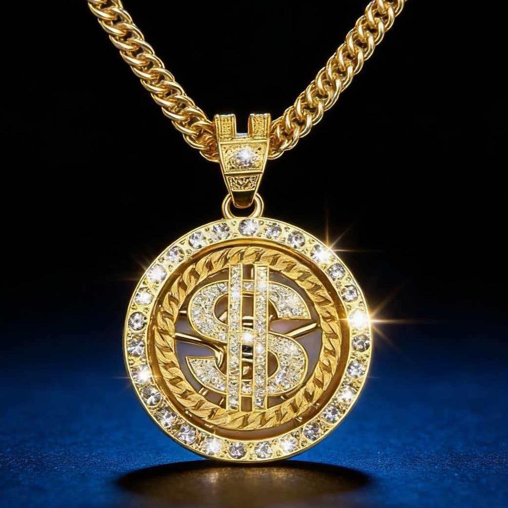 Dollar Jewelry Necklace, Fully Diamond-encrusted, Hip-hop Punk Style, Men's Fashion Brand, Domineering Dollar Pendant, Cuban Chain, Diamond-encrusted