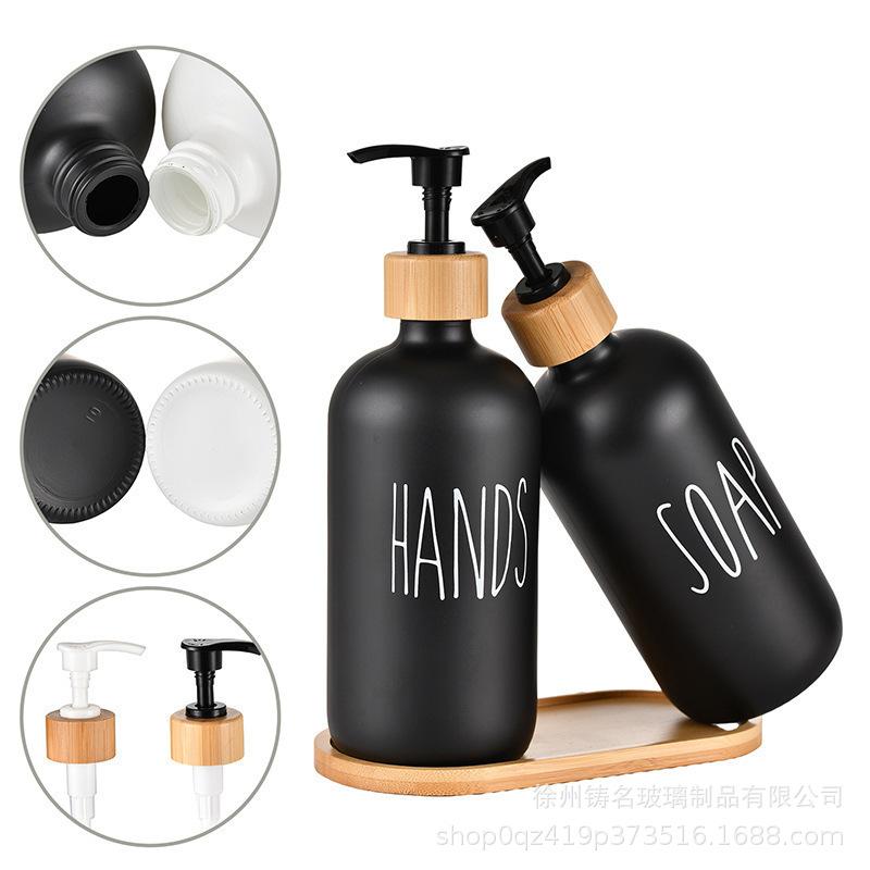 16oz Shower Gel and Hand Soap Refillable Glass Bottle with Black/White Boston Design and Bamboo Pump Head