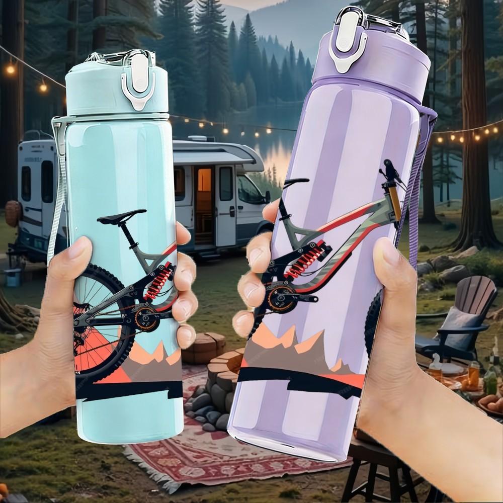 1PC Mountain Bike Outdoor Sport Print 750ml Color Plastic Sports Water Bottle Leakproof Flip Straw Lid Suitable for Sports Office Home Use