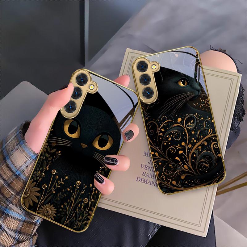 Fantastic Black Cat For Samsung Galaxy S20 FE S21 S22 S23 Plus S24 Ultra S25Ultra S21+ S9+ S22Plus Golden Glass Phone Case