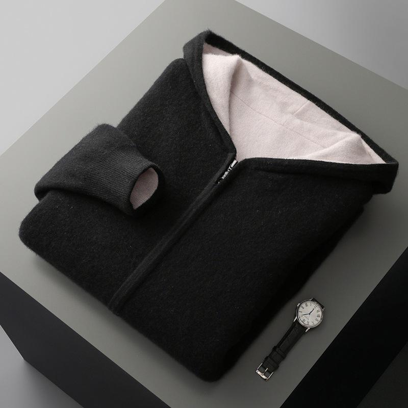 Men's Zipper Hooded Wool Cardigan - Thick Knitwear for Autumn/Winter
