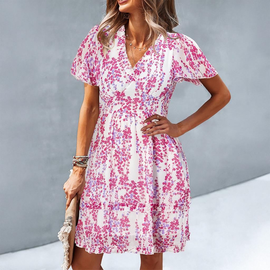 Women's Fashion Summer Floral Print V Neck Short Sleeved Casual Vacation Dress