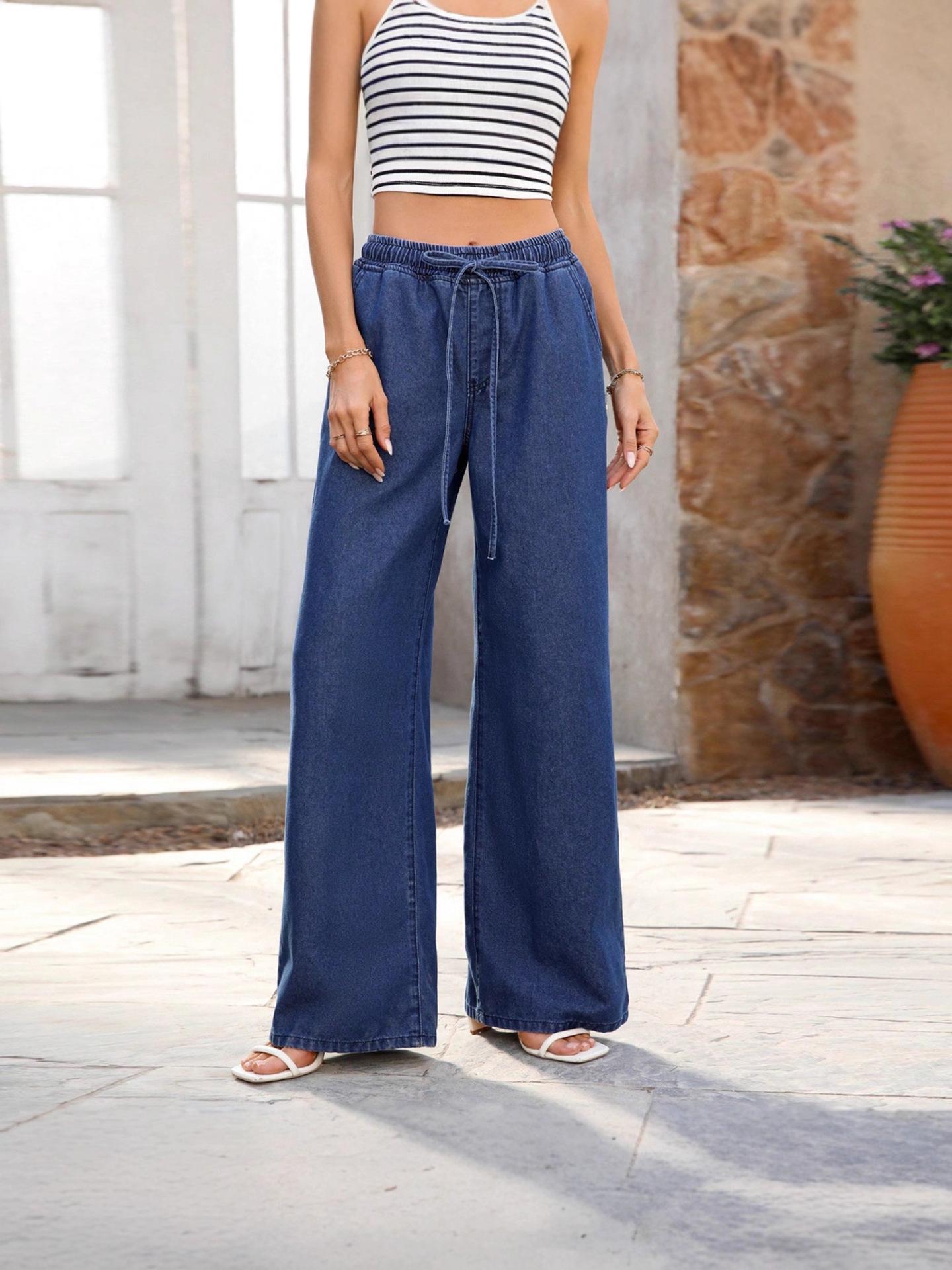 

Women s High-Waist Loose Wide-Leg Stretch Jeans with Drawstring Large темно-синий