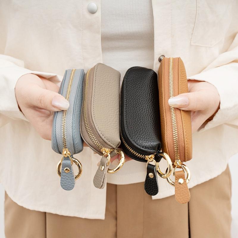 Handmade Japanese Style Leather Coin Pouch with Keychain Wallet for Women Mini Jewelry Money Key Earphone Organizer Bag Purse
