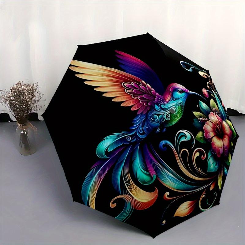 1pc Colorful Hummingbird with Floral Fantasy Pattern Beautiful Looking Automatic Folding Umbrella, 3 Folding, 8 Iron Frame Design, Durable and Su