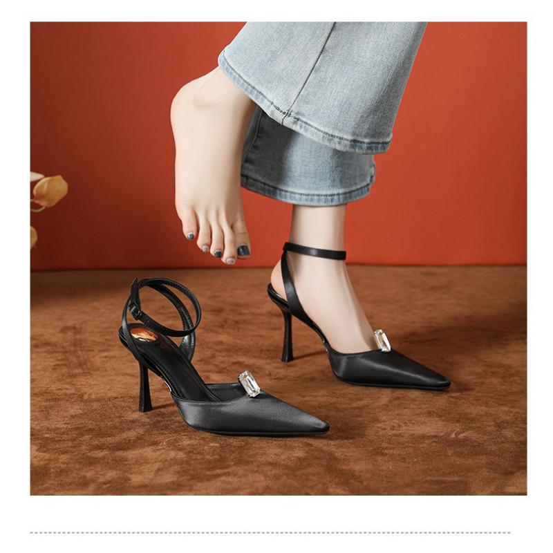 Fashion Spring New Women High Heels Rhinestone French Open Toe Stiletto Sandals Comfortable One Strap Pointed Shoes