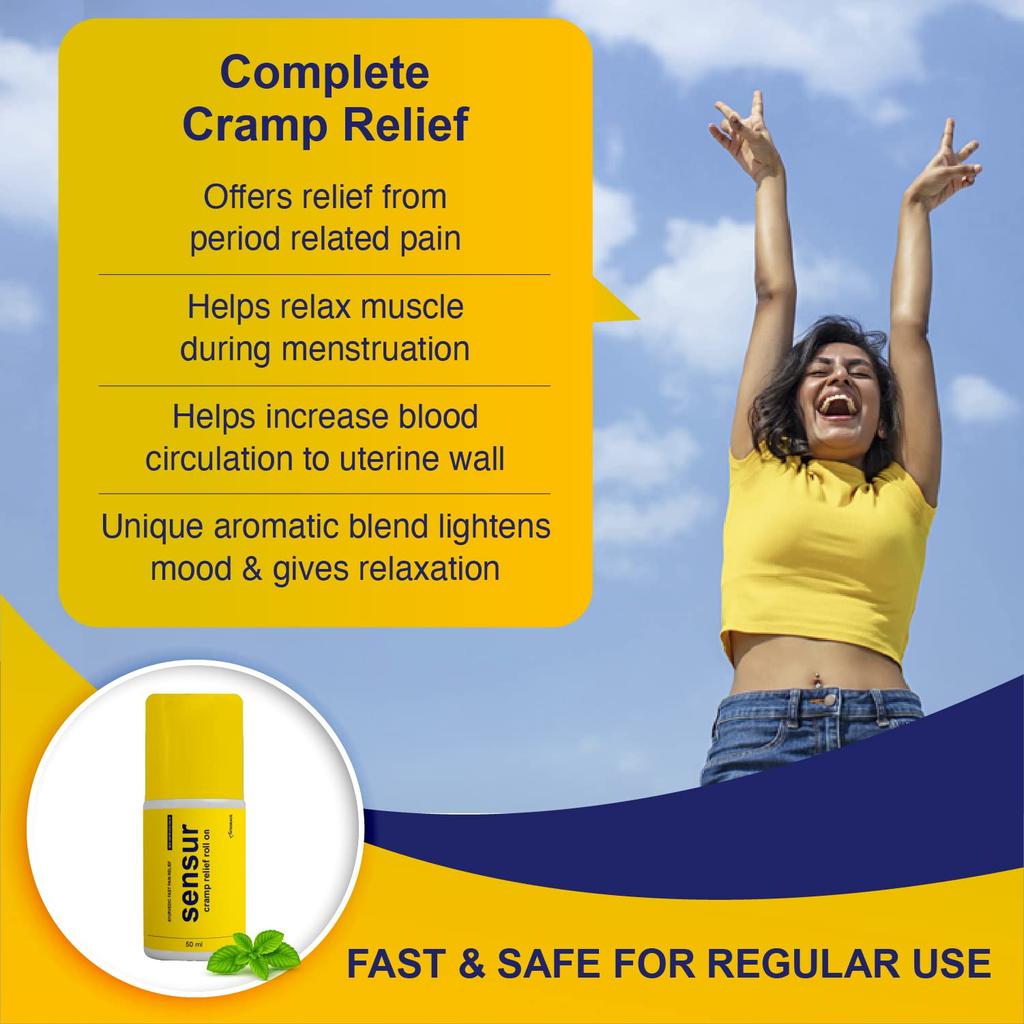 Sensur Ayurvedic Cramp Relief Roll On - 2 X 50ml (Pack of 2)| Fast & Safe Relief from Period Pain In Abdomen, Back & Thighs| Nilgiri, Kapur, Pudi