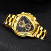 Triangular analog watch for men with luminous calendar and stainless steel three-eye hands, function, strap, gold.
