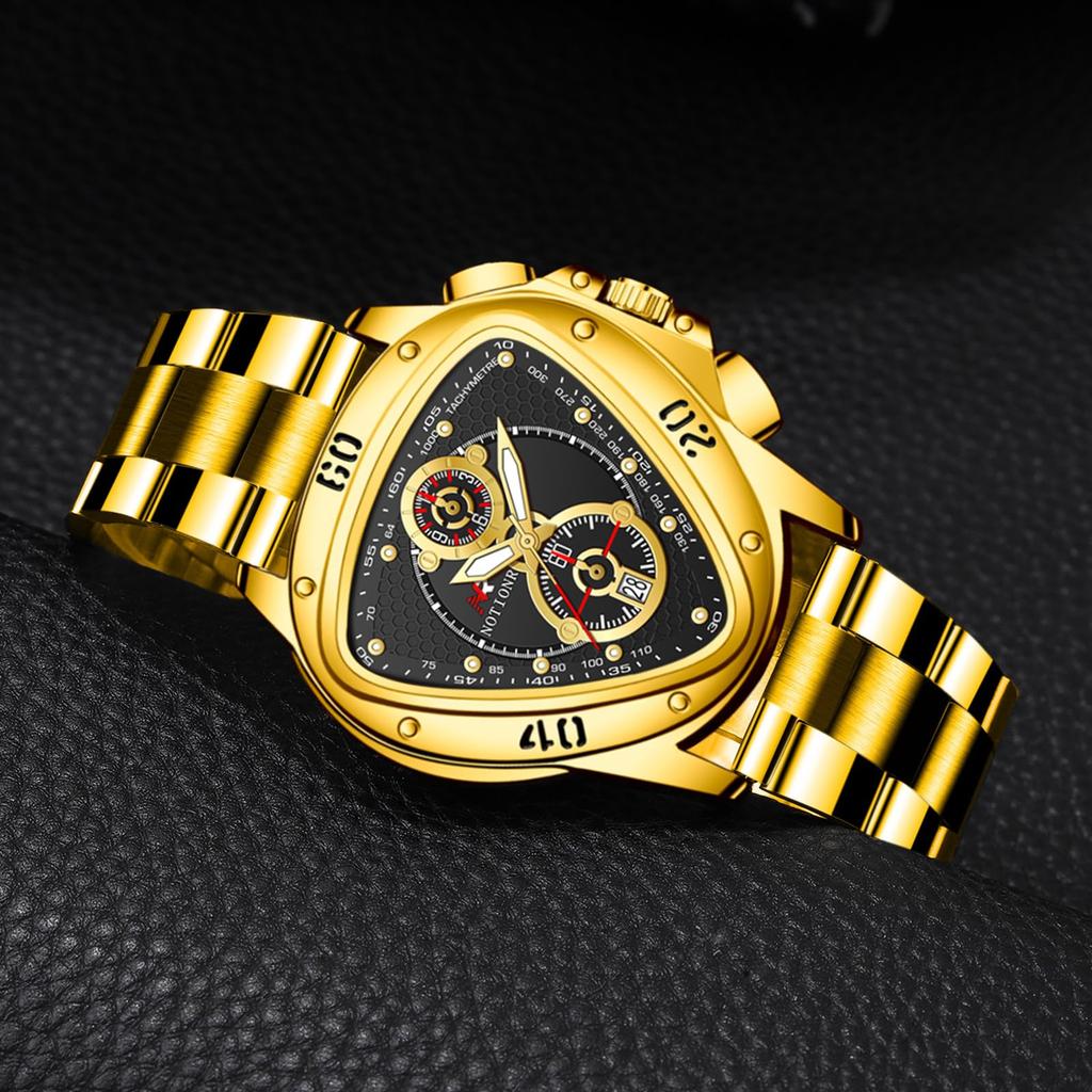 Triangular analog watch for men with luminous calendar and stainless steel three-eye hands, function, strap, gold.