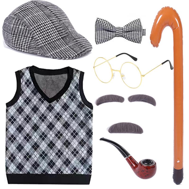 Children's Halloween Grandpa Costume Set with Beard, Scepter, Cigarette Holder, Vest, Bow Tie, and Dress Props for Performances.